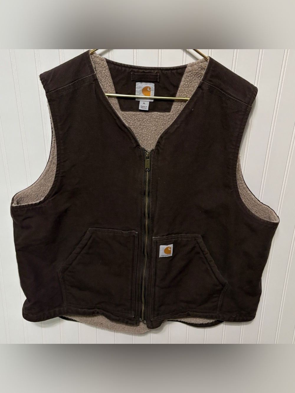 Carhartt Brown Duck Cotton Sherpa Fleece Lined Vest Jacket Mens Size Extra Large